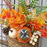 Artificial Maple Leaf and Pumpkin Door Hanger Wreath, Fall Harvest Thanksgiving Decor, 1 Piece, 14 Inch