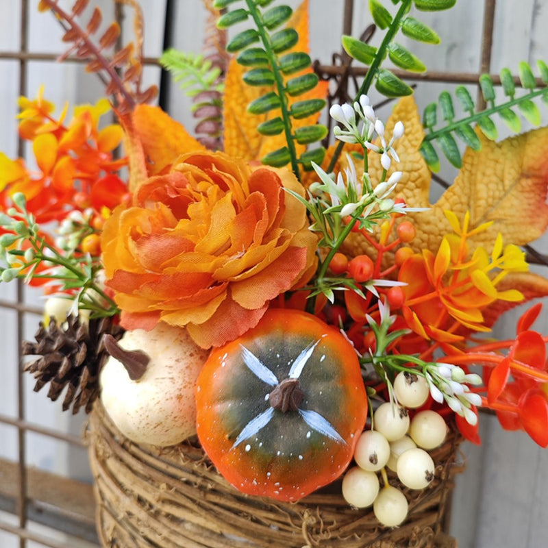 Artificial Maple Leaf and Pumpkin Door Hanger Wreath, Fall Harvest Thanksgiving Decor, 1 Piece, 14 Inch