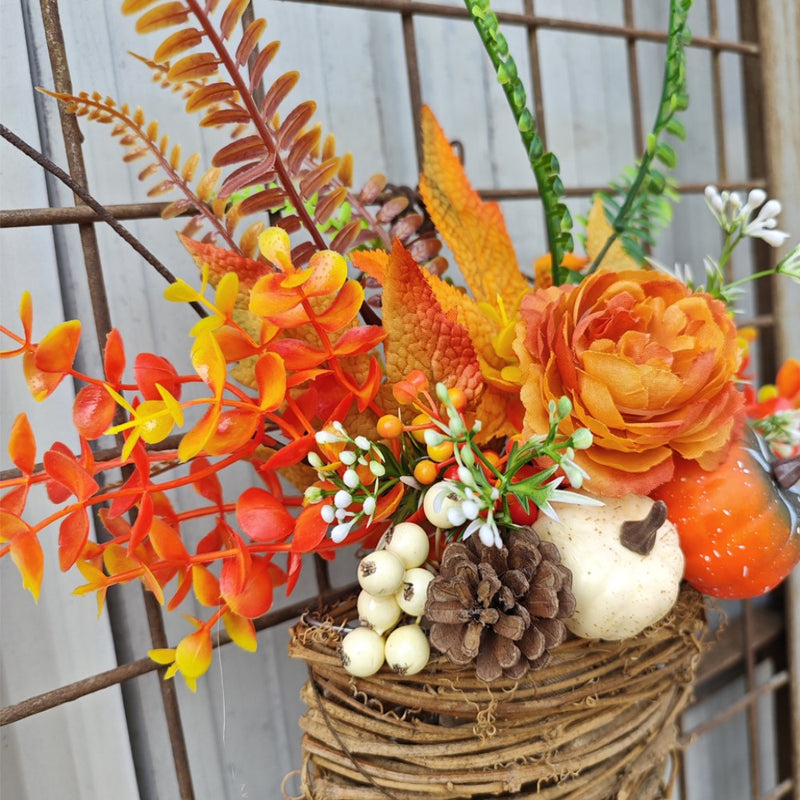 Artificial Maple Leaf and Pumpkin Door Hanger Wreath, Fall Harvest Thanksgiving Decor, 1 Piece, 14 Inch