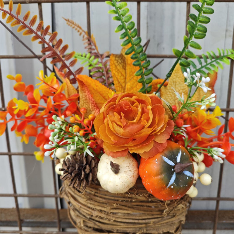 Artificial Maple Leaf and Pumpkin Door Hanger Wreath, Fall Harvest Thanksgiving Decor, 1 Piece, 14 Inch