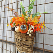 Artificial Maple Leaf and Pumpkin Door Hanger Wreath, Fall Harvest Thanksgiving Decor, 1 Piece, 14 Inch