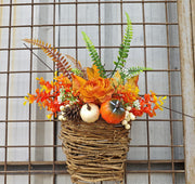 Artificial Maple Leaf and Pumpkin Door Hanger Wreath, Fall Harvest Thanksgiving Decor, 1 Piece, 14 Inch