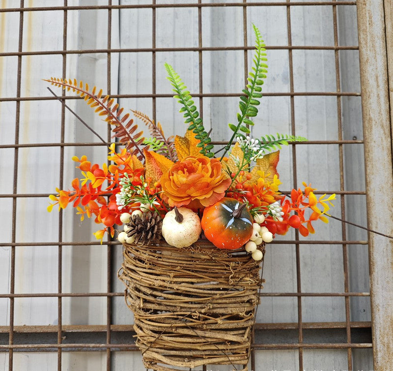 Artificial Maple Leaf and Pumpkin Door Hanger Wreath, Fall Harvest Thanksgiving Decor, 1 Piece, 14 Inch
