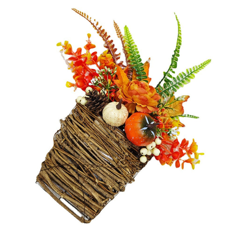 Artificial Maple Leaf and Pumpkin Door Hanger Wreath, Fall Harvest Thanksgiving Decor, 1 Piece, 14 Inch