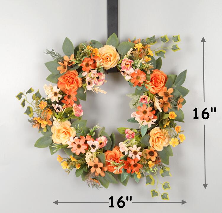 16 Inch Artificial Fall Floral Wreath Orange Peony Daisy 1 Pc