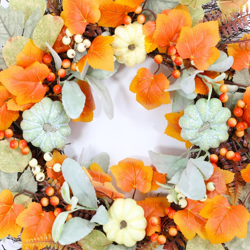 Artificial Pumpkin and Maple Leaf Wreath 14 Inch Fall Harvest Thanksgiving Decor
