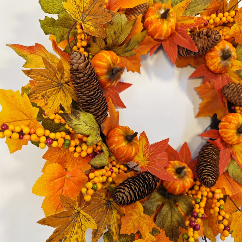 Artificial Fall Pumpkin Pine Cone Maple Leaf Wreath 18 Inch Thanksgiving Harvest Festival Decor