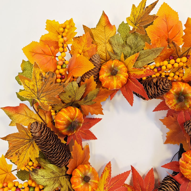 Artificial Fall Pumpkin Pine Cone Maple Leaf Wreath 18 Inch Thanksgiving Harvest Festival Decor