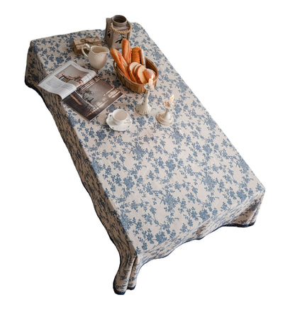Bulk French Vintage Rectangle Tablecloth with Lace Cotton Linen Blue Rose Floral Table Cover Wholesale
