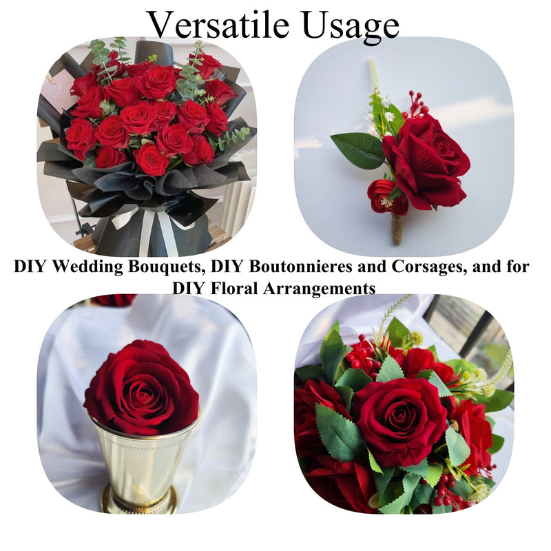 Velvet Rose Flowers with Stems and Heads, Bulk Gift Box, Luxury Artificial Silk, Wedding DIY Crafts
