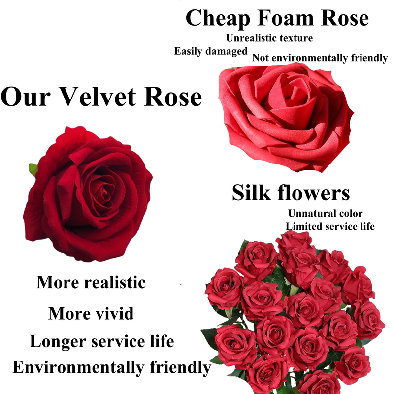Velvet Rose Flowers with Stems and Heads, Bulk Gift Box, Luxury Artificial Silk, Wedding DIY Crafts