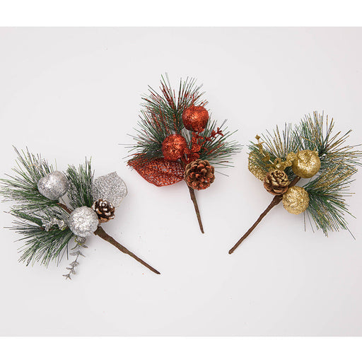Glitter Artificial Pine Cone Picks with Christmas Berry Stems and Branches, Bulk Holiday Ornaments Set