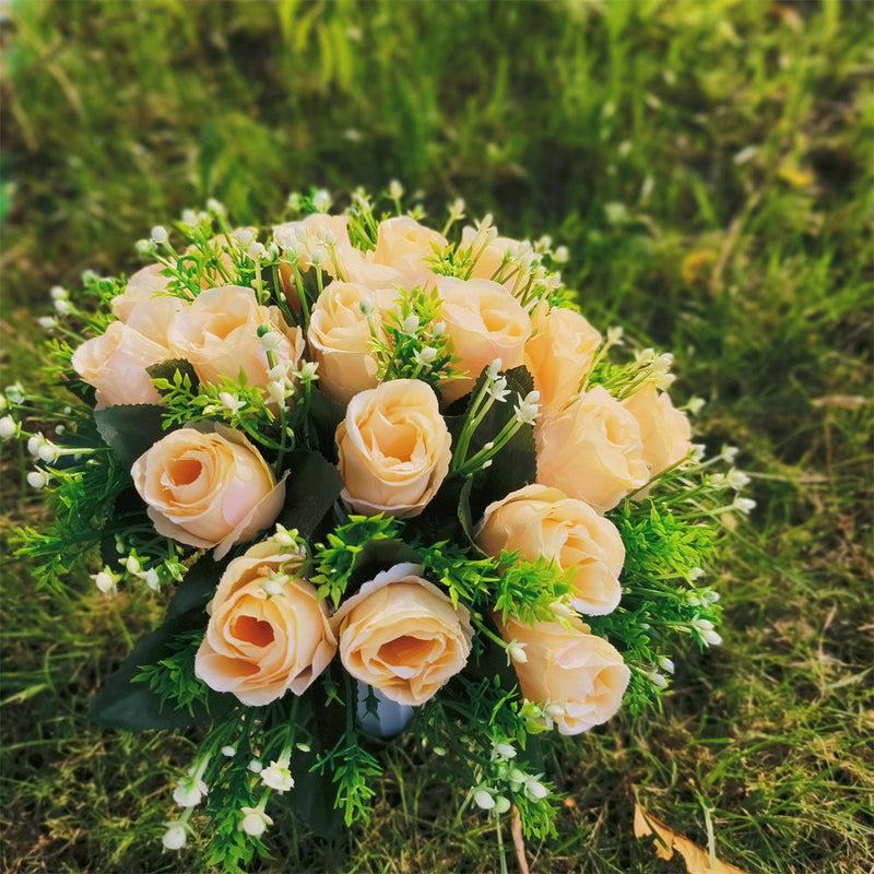 22 Colors Artificial Rose Bush Bouquets for Graves and Memorials, Bulk Wholesale Cemetery Flowers in Vase