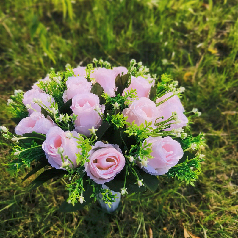 22 Colors Artificial Rose Bush Bouquets for Graves and Memorials, Bulk Wholesale Cemetery Flowers in Vase