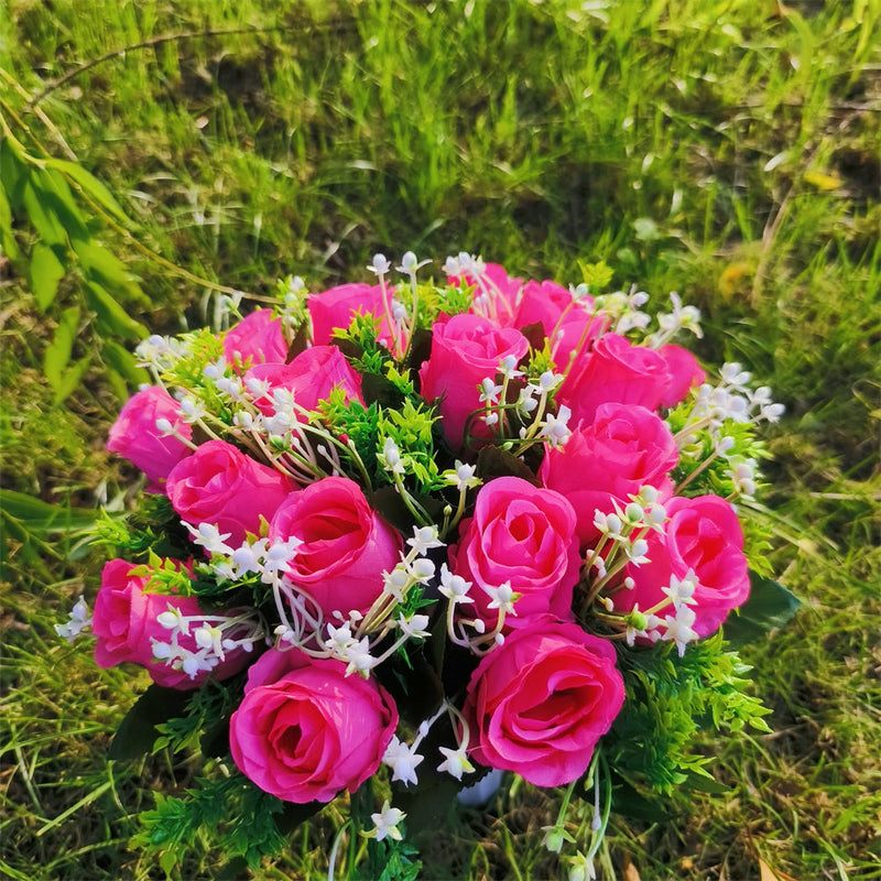 22 Colors Artificial Rose Bush Bouquets for Graves and Memorials, Bulk Wholesale Cemetery Flowers in Vase