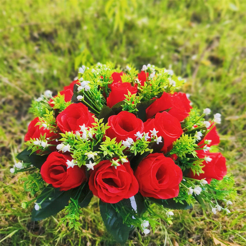 22 Colors Artificial Rose Bush Bouquets for Graves and Memorials, Bulk Wholesale Cemetery Flowers in Vase