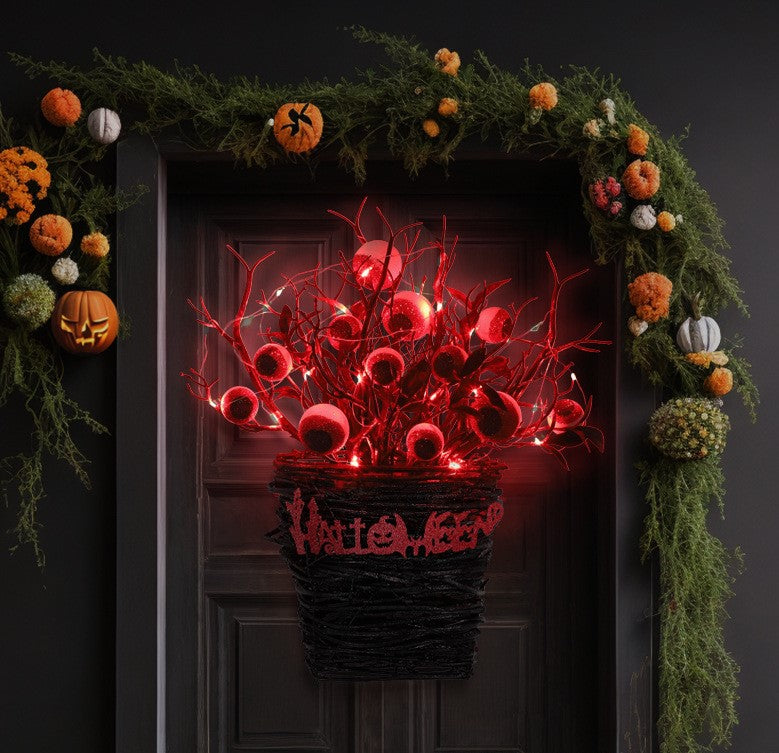 Halloween Eyeball Wall Hanging Basket with Artificial Plant Twigs, Glowing Decoration for Front Door, Bulk Quantity