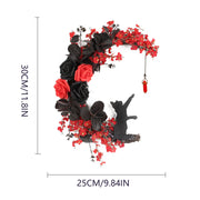 Halloween Moon Cat Wreath with Rose Gothic Grapevine, Farmhouse Porch Front Door Wall Decor, 1 Pc