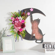 Halloween Moon Cat Wreath with Rose Gothic Grapevine, Farmhouse Porch Front Door Wall Decor, 1 Pc
