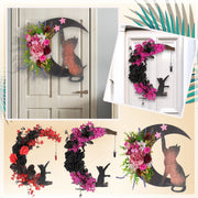 Halloween Moon Cat Wreath with Rose Gothic Grapevine, Farmhouse Porch Front Door Wall Decor, 1 Pc