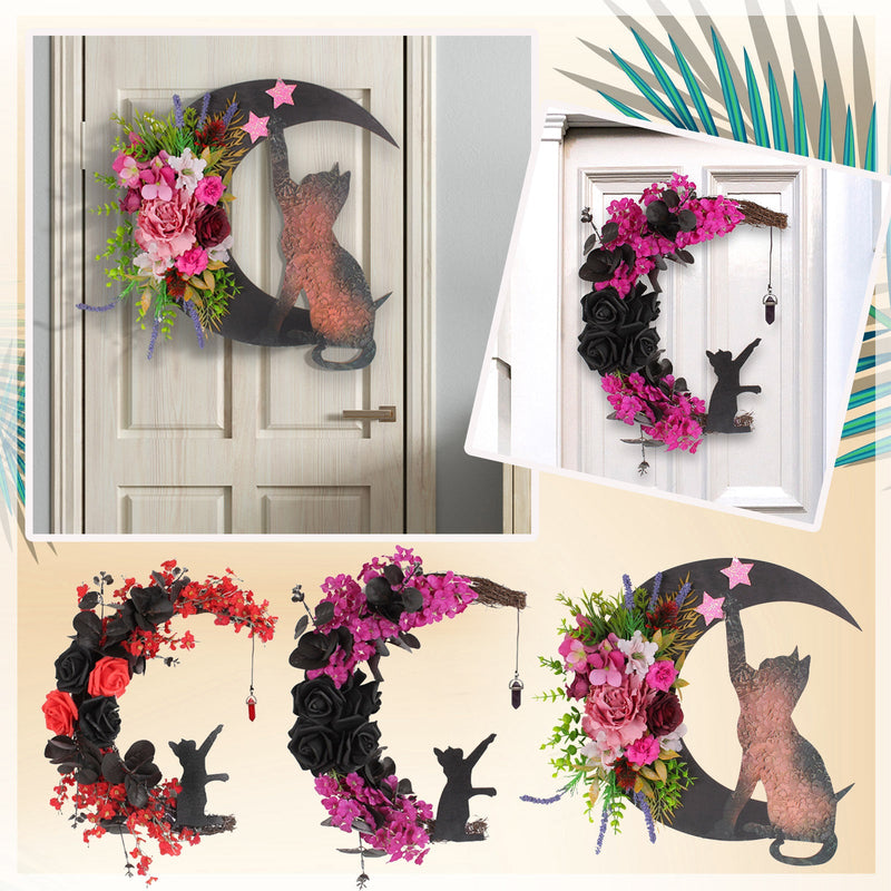 Halloween Moon Cat Wreath with Rose Gothic Grapevine, Farmhouse Porch Front Door Wall Decor, 1 Pc