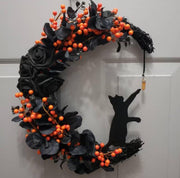 Halloween Moon Cat Wreath with Rose Gothic Grapevine, Farmhouse Porch Front Door Wall Decor, 1 Pc