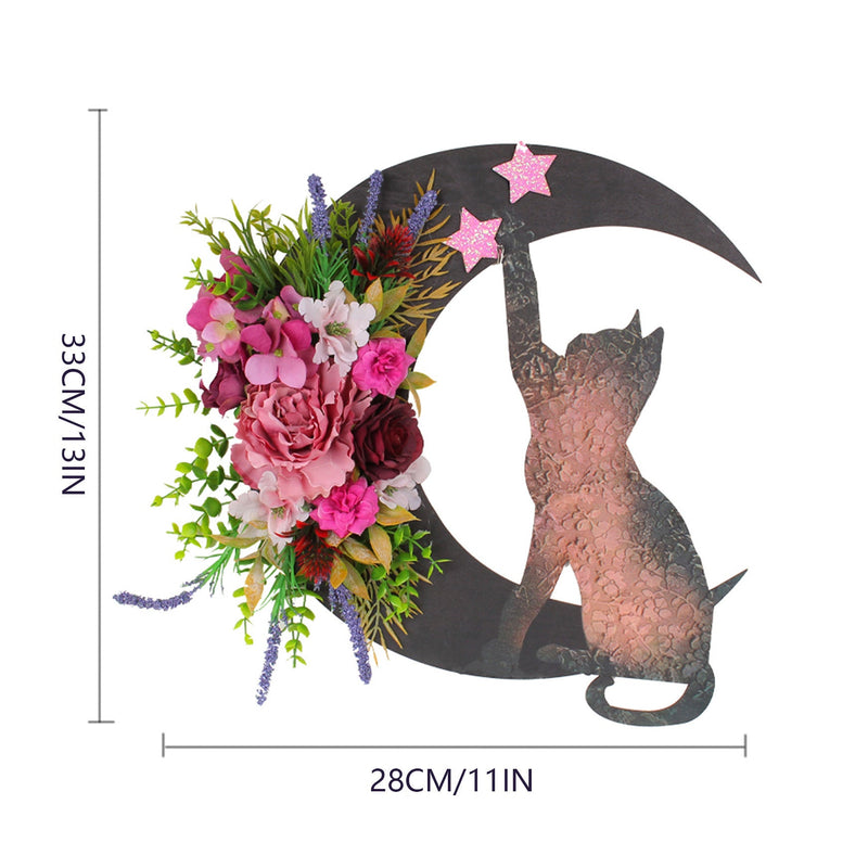 Halloween Moon Cat Wreath with Rose Gothic Grapevine, Farmhouse Porch Front Door Wall Decor, 1 Pc