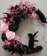 Halloween Moon Cat Wreath with Rose Gothic Grapevine, Farmhouse Porch Front Door Wall Decor, 1 Pc