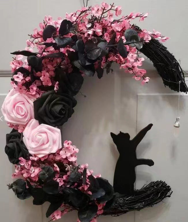 Halloween Moon Cat Wreath with Rose Gothic Grapevine, Farmhouse Porch Front Door Wall Decor, 1 Pc