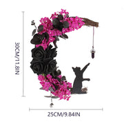 Halloween Moon Cat Wreath with Rose Gothic Grapevine, Farmhouse Porch Front Door Wall Decor, 1 Pc