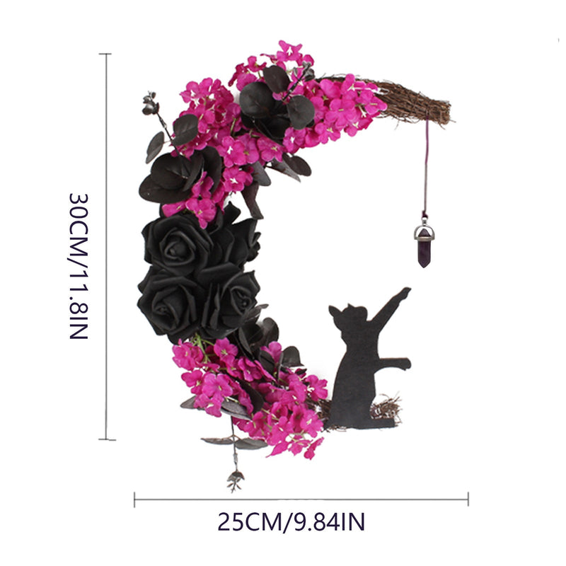 Halloween Moon Cat Wreath with Rose Gothic Grapevine, Farmhouse Porch Front Door Wall Decor, 1 Pc