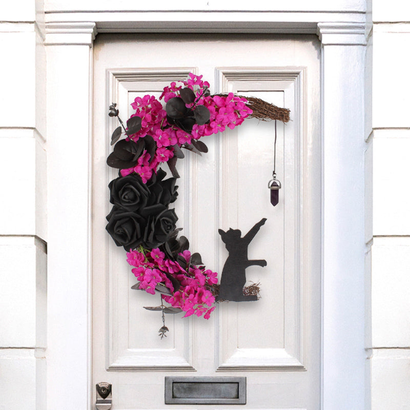 Halloween Moon Cat Wreath with Rose Gothic Grapevine, Farmhouse Porch Front Door Wall Decor, 1 Pc