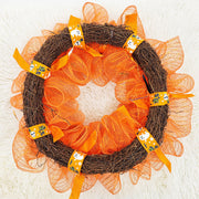 Halloween Pumpkin Smiley Face Wreath, 18 Inch Glowing Artificial Front Door Decoration, Holiday Party Decor