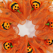 Halloween Pumpkin Smiley Face Wreath, 18 Inch Glowing Artificial Front Door Decoration, Holiday Party Decor
