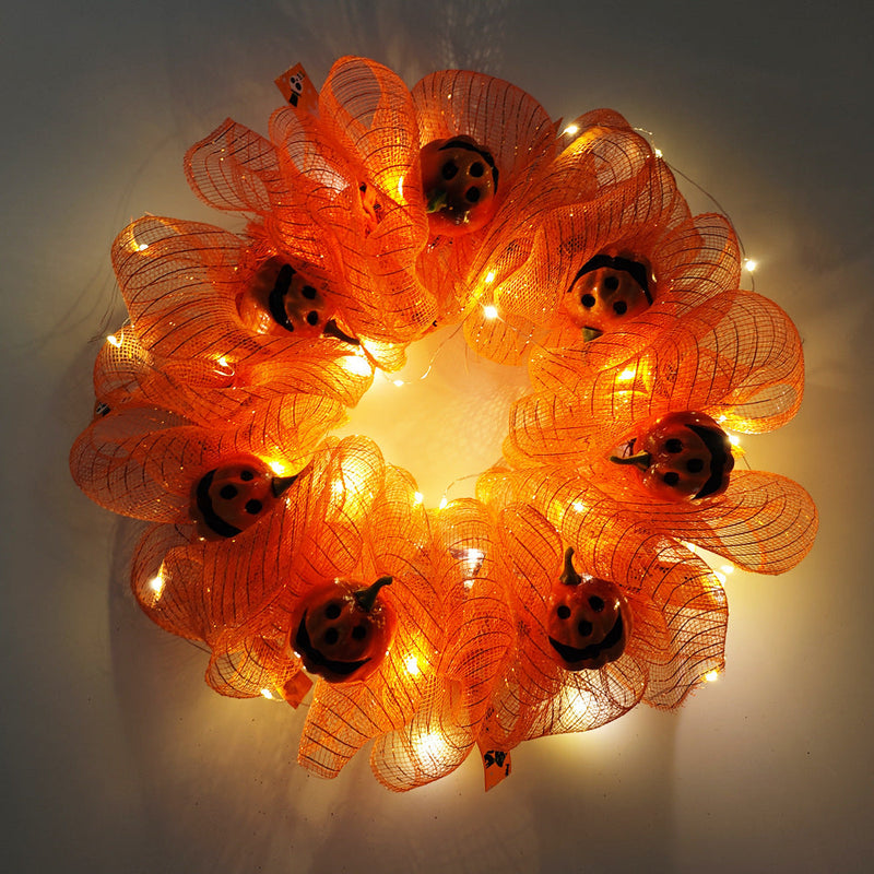 Halloween Pumpkin Smiley Face Wreath, 18 Inch Glowing Artificial Front Door Decoration, Holiday Party Decor