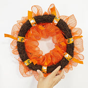 Halloween Pumpkin Smiley Face Wreath, 18 Inch Glowing Artificial Front Door Decoration, Holiday Party Decor