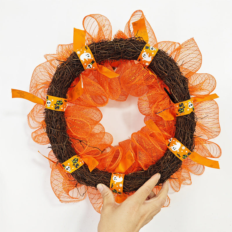 Halloween Pumpkin Smiley Face Wreath, 18 Inch Glowing Artificial Front Door Decoration, Holiday Party Decor