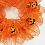 Halloween Pumpkin Smiley Face Wreath, 18 Inch Glowing Artificial Front Door Decoration, Holiday Party Decor
