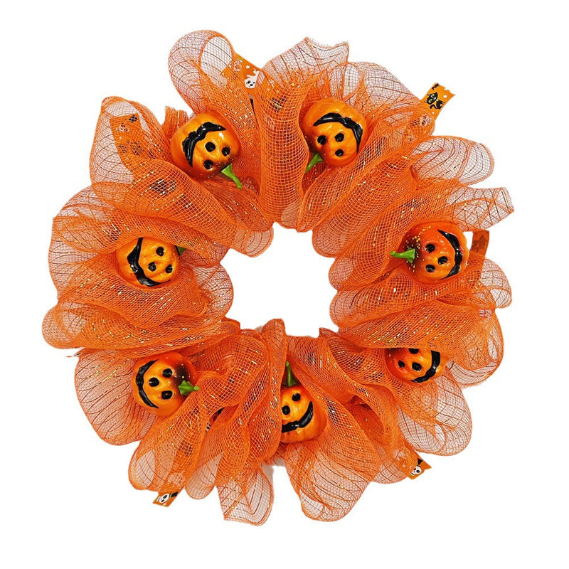Halloween Pumpkin Smiley Face Wreath, 18 Inch Glowing Artificial Front Door Decoration, Holiday Party Decor