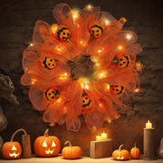 Halloween Pumpkin Smiley Face Wreath, 18 Inch Glowing Artificial Front Door Decoration, Holiday Party Decor