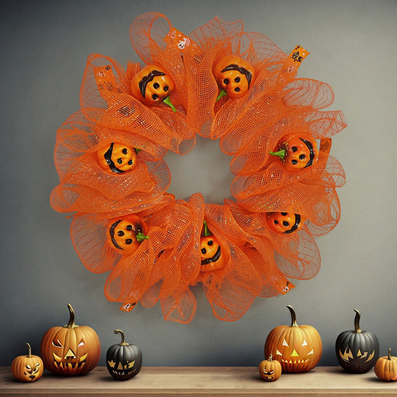 Halloween Pumpkin Smiley Face Wreath, 18 Inch Glowing Artificial Front Door Decoration, Holiday Party Decor