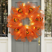 Halloween Pumpkin Smiley Face Wreath, 18 Inch Glowing Artificial Front Door Decoration, Holiday Party Decor