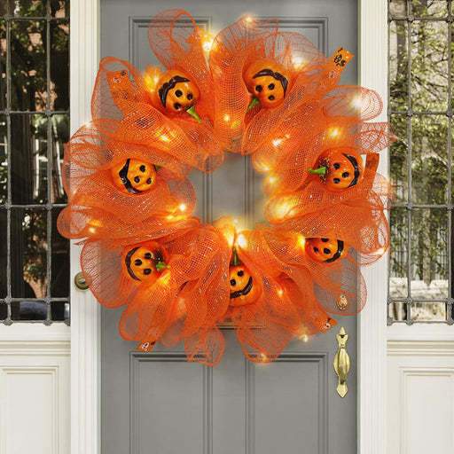 Halloween Pumpkin Smiley Face Wreath, 18 Inch Glowing Artificial Front Door Decoration, Holiday Party Decor