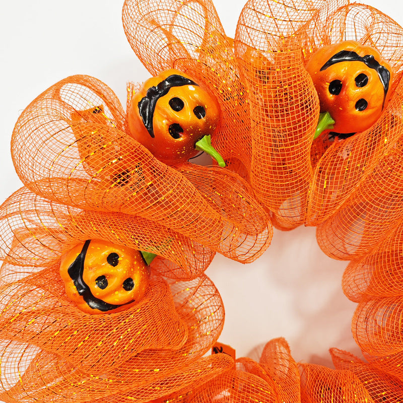 Halloween Pumpkin Smiley Face Wreath, 18 Inch Glowing Artificial Front Door Decoration, Holiday Party Decor