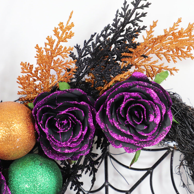 Halloween Purple Artificial Rose Grapevine Wreath with Spider Web Decoration, Bulk Party Decor