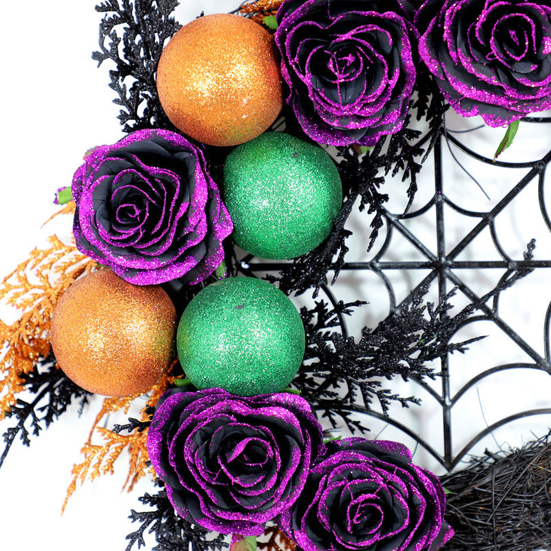 Halloween Purple Artificial Rose Grapevine Wreath with Spider Web Decoration, Bulk Party Decor