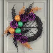 Halloween Purple Artificial Rose Grapevine Wreath with Spider Web Decoration, Bulk Party Decor