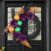 Halloween Purple Artificial Rose Grapevine Wreath with Spider Web Decoration, Bulk Party Decor