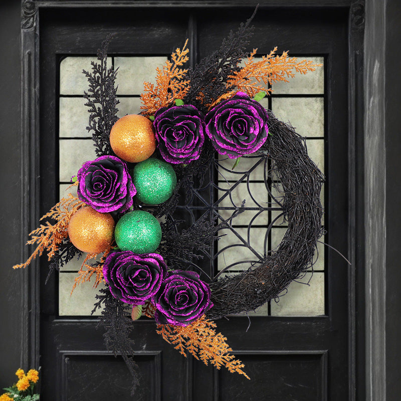 Halloween Purple Artificial Rose Grapevine Wreath with Spider Web Decoration, Bulk Party Decor