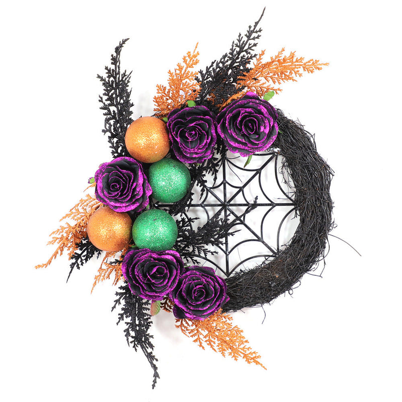 Halloween Purple Artificial Rose Grapevine Wreath with Spider Web Decoration, Bulk Party Decor